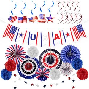 4E's Novelty 24 Pcs Patriotic Hanging Decorations, 6 Pcs Hanging Patriotic Banner Paper Fans Red White Blue Decor with Star Streamer, American Independence Day Sign with USA Flag Indoor Outdoor Decor
