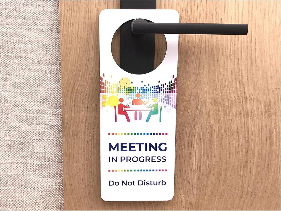 Do Not Disturb Meeting In Progress - Vibrant Colored Printed Door Hanger Sign - for use in Business, Corporate, Home Office & Workplaces. Shipped Globally. TABLE ICON.