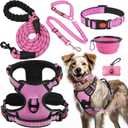 No Pull Dog Harness, Collar & Leash Set | Includes Dog Seat Belt, Collapsible Bowls & Poop Bag Dispenser. Ideal for Training, Walking, Hiking. Fits Small to Large Dogs(Pink-L)