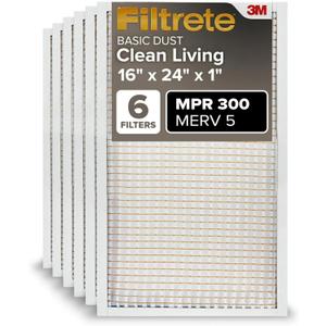 Filtrete 16x24x1 Air Filter, MPR 300, MERV 5, Clean Living Basic Dust 3-Month Pleated 1-Inch Air Filters, 6 Filters
