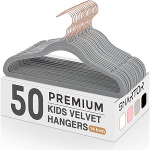 Smartor Kids Velvet Hangers 50 Pack, 14 Inch Premium Non Slip Kids Felt Hangers for Closet, Space Saving Toddler Clothes Hanger for Youth's Childrens' Clothes (Rose Gold Hook) Grey