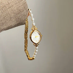 \Womens Gold Petite Vintage Crystals Beaded Waterproof Watch Small Pearl Oval Dial Arabic Numerals Fashion Bracelet Wrist Watch
