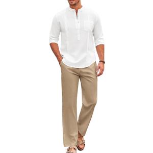 COOFANDY Men's 2 Piece Cotton Sets Casual Long Sleeve Cuban Henley Shirt and Loose Pants Set Beach Vacation Outfits (X-Large)