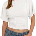 Cicy Bell Womens Summer Wrap Tops Casual Short Sleeve Tie Back Cinched Waist T Shirts Trendy Boat Neck Blouse (White), S