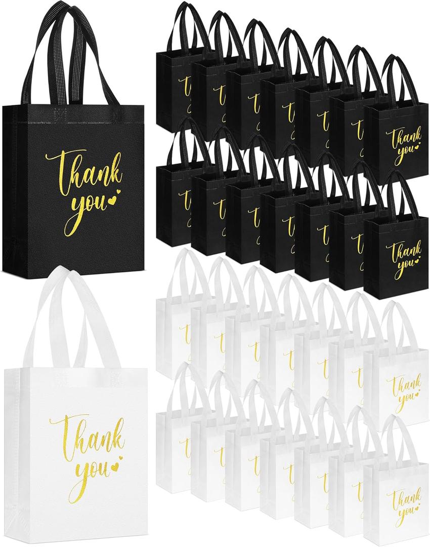 Sweetude 30 Pcs Thank You Gift Bags with Handles, Reusable Non Woven Foldable Goodie Bags Bulk for Graduation Teacher Appreciation Wedding Bridesmaid Favors(10 x 8 x 4 Inch,Black, White)