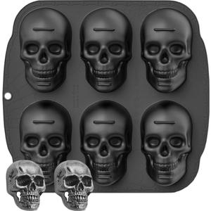 6 Cavity Skull Cake Pan with 2 Fridge Magnets, Halloween Skull Silicone Molds for Baking Chocolate Resin
