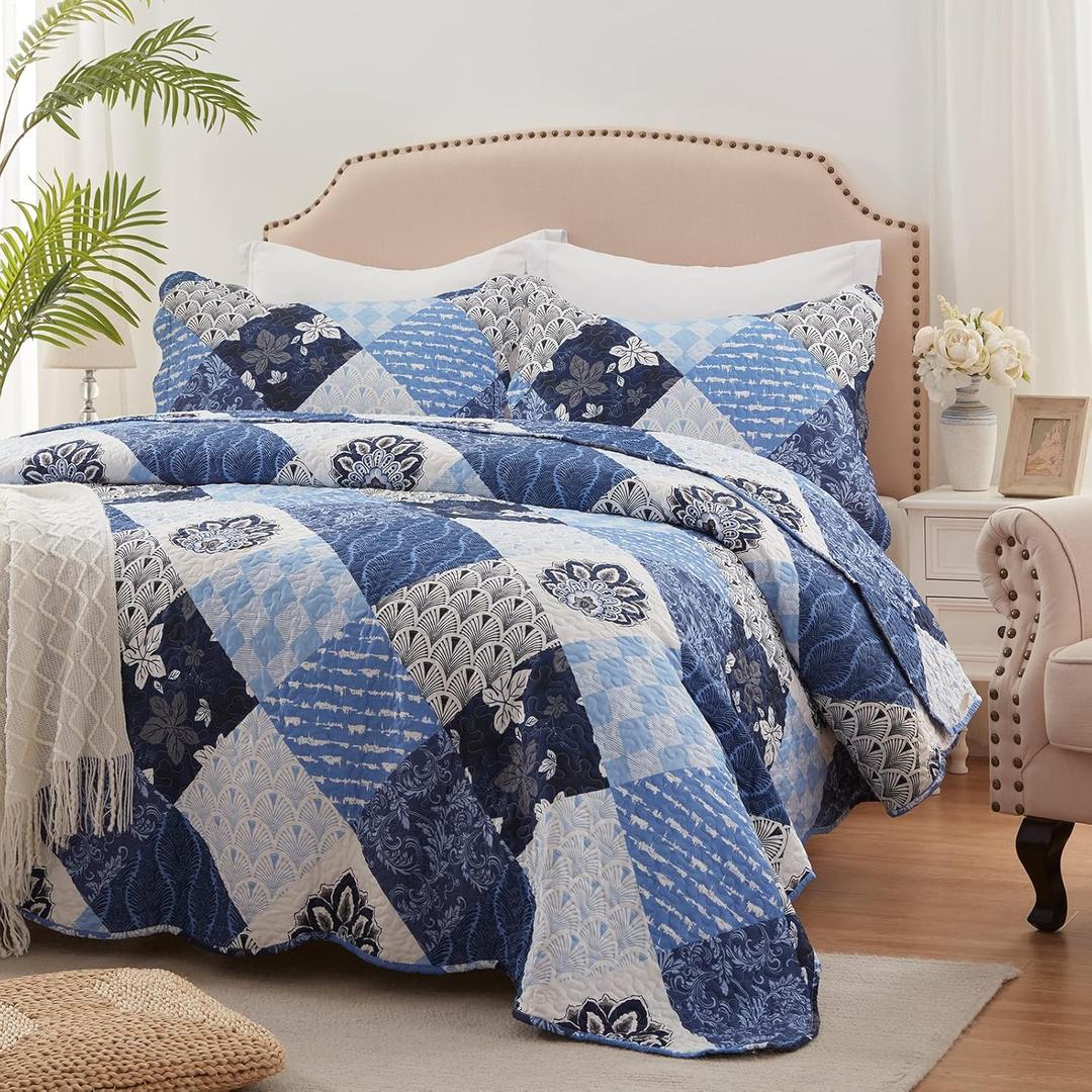 Full/Queen Size Quilt Set 3 Pieces Lightweight Reversible Bedspread-90''x98'' Soft Patchwork Floral Coverlet Luxurious Warm Microfiber Bed Cover All Seasons Blue Bedding Set(1 Quilt,2 Pillow Shams)