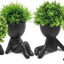 MAKHOT 4PCS Cute Artificial Mini Succulent Plants with Creative Human Shaped Pots, Small Fake Plants for Shelf Desk Tabletop Office Home Decoration(Black)