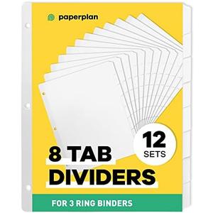 Binder Dividers with Tabs - (Set of 12) x 8-Tab Dividers for 3 Ring Binders, White, Reinforced Edge - Ideal for Keeping Your Documents Neat and Professional