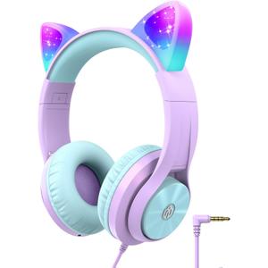 iClever Cat Ear Led Light Up Kids Headphones with Microphone, HS20 Wired Headphones -Shareport- 94dB Volume Limited, Foldable Over-Ear Headphones for Kids/School/iPad/Tablet/Travel (Medium, Purple)