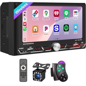 Wireless Apple CarPlay, Double Din Car Stereo, Bluetooth 5.2, FM AM Car Radio, HD 1280*600 Display, 6.8" IPS Touchscreen, GPS Navigation, Android Auto, Backup Camera, MP5, Subwoorf, Type-C Fast Charging, Dual USB