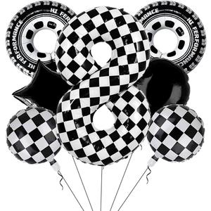 2 x 40 Inch Checkered Number 8 Balloon Large Black and White Race Car Birthday Balloons Inflatable Tire Balloons for 8th Birthday Racing Theme Party Decorations Supplies 7 Pcs, 7 Count