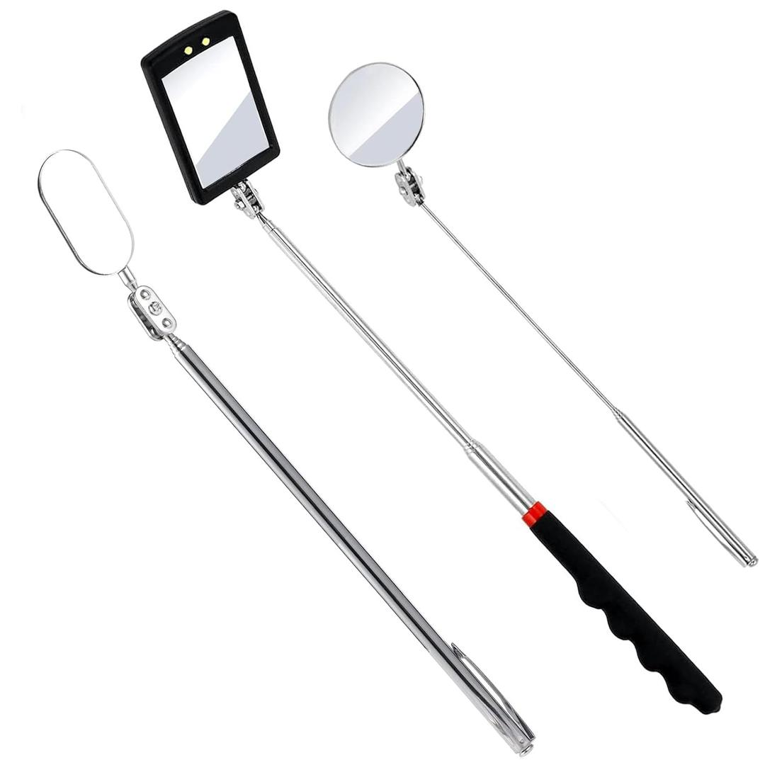 3PCS Telescopic Inspection Mirror,Stainless Steel LED Telescoping Inspection Mirror,Portable 360 Degree Rotating Mechanic Mirror with Long Handle Tool(Oval, Round,Square) (Color 2)