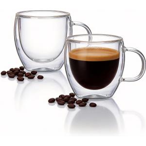 Double Wall Insulated Espresso Shot Cups 5.4 OZ Set of 2, Small Clear Borosilicate Glass Demitasse Coffee Mugs with Handles