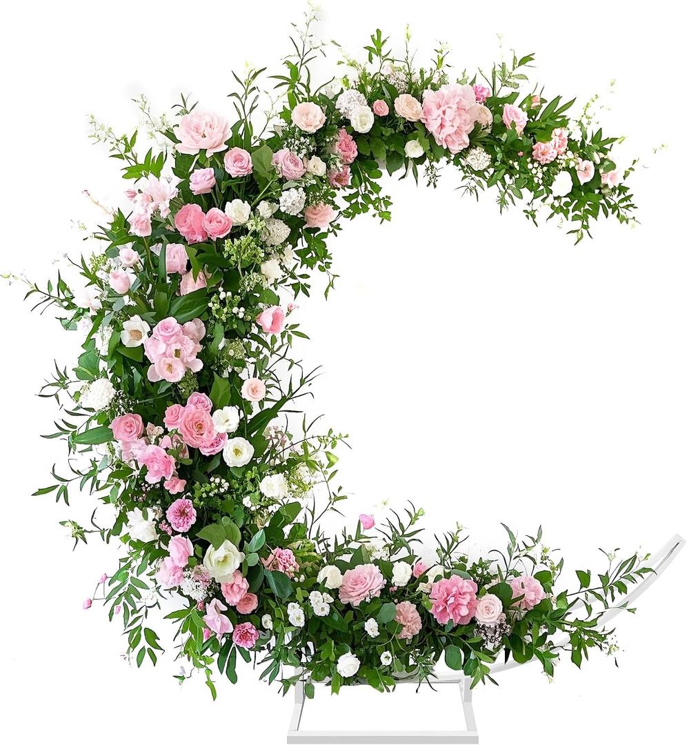Moon Shape Wedding Metal Arch Backdrop White Flower Balloon Arbors Stand for Wedding Birthday Party, Graduation Decorations and Baby Shower