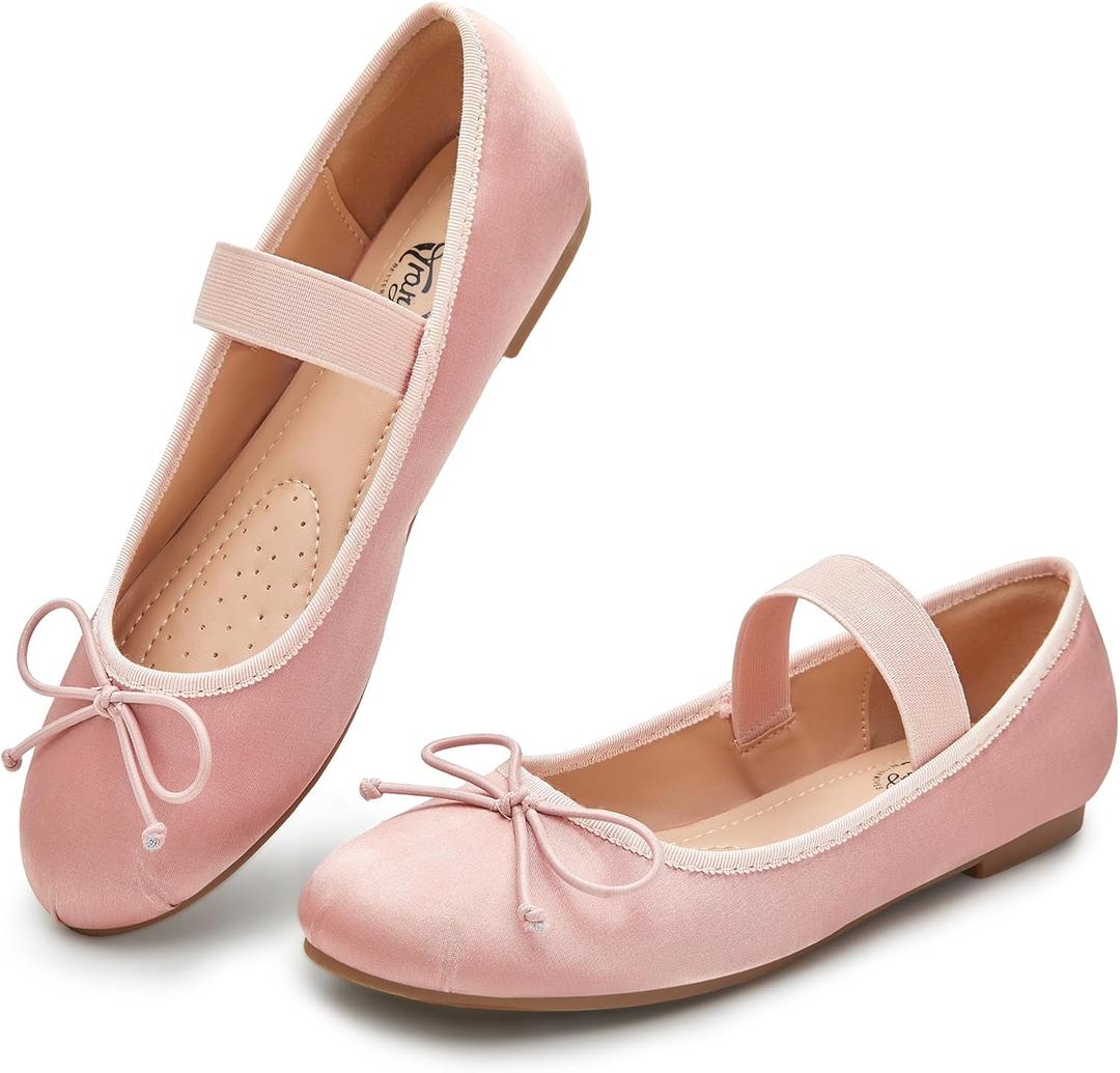 Trary Flats for Women Closed Round Toe Ballet Flats Mary Jane Shoes Women with Elastic Strap Cute Bowknot Comfortable Dress Shoes for All-Year Daily Work Casual Wear (7, Pink)