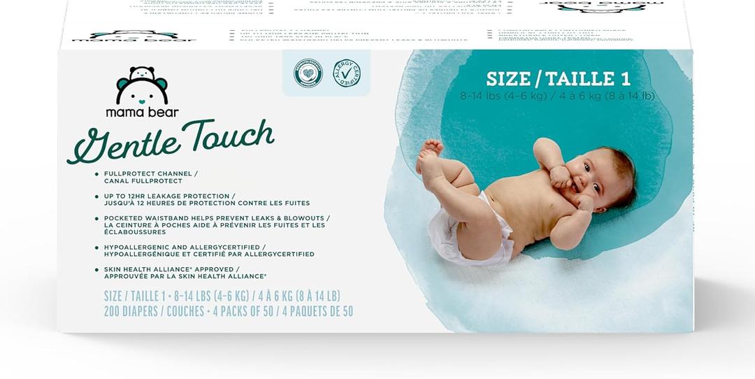 Amazon Brand - Mama Bear Gentle Touch Baby Diapers, Size 1, Leak Protection, Wetness Indicator, Umbilical Cord Cutout, 200 Count (4 packs of 50)