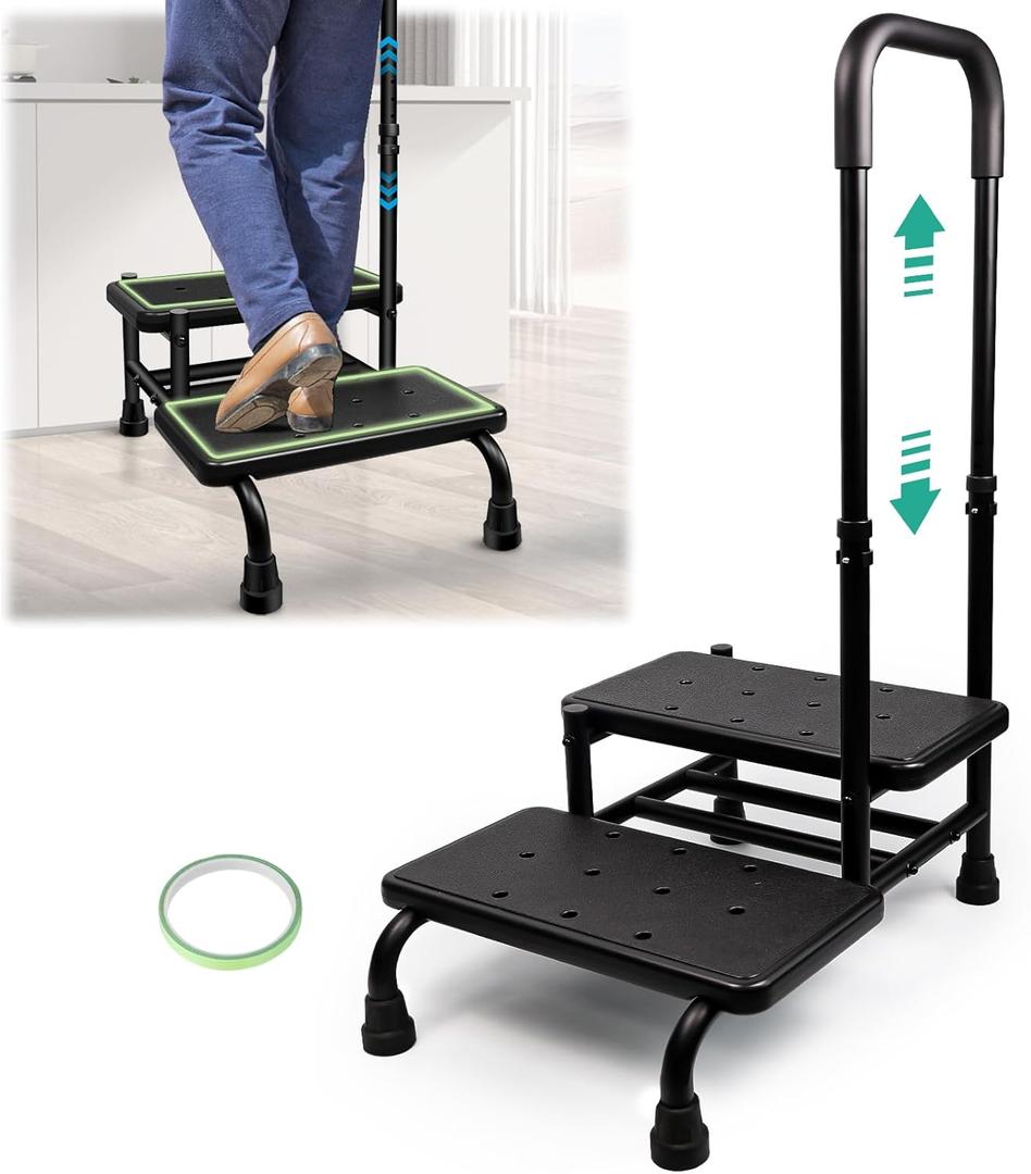 2 Step Stool with Handle for Elderly, Heavy Duty Medical Step Stool with Adjustable Handrail and Non-Slid Platform for Adults, Seniors and Handicap, Bed Steps for High Beds Holds up to 400LBS (4-Leg)