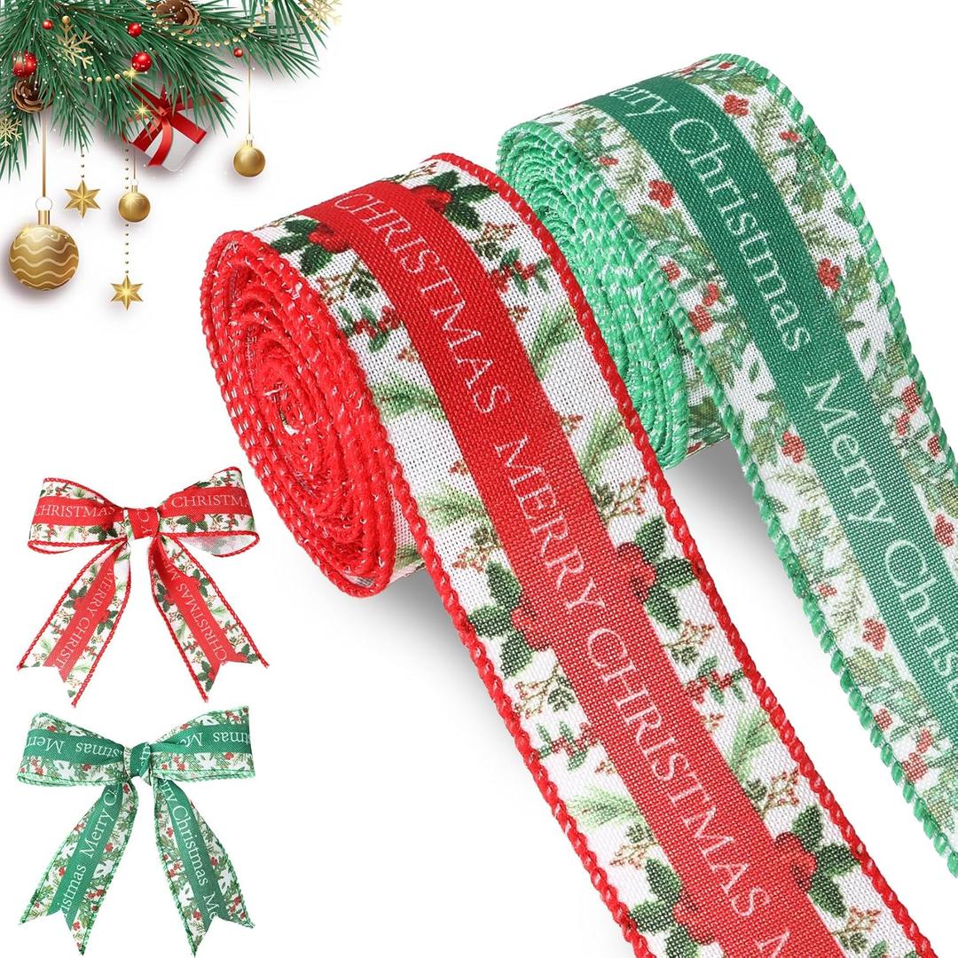 Merry Christmas Ribbon Wired Red and Green Christmas Ribbon 1 1/2 Inch Holiday Ribbons for Tree Wreath Bows Xmas Brulap Ribbons for Gift Wrapping DIY Crafts Party Home Decorations 10 Yard
