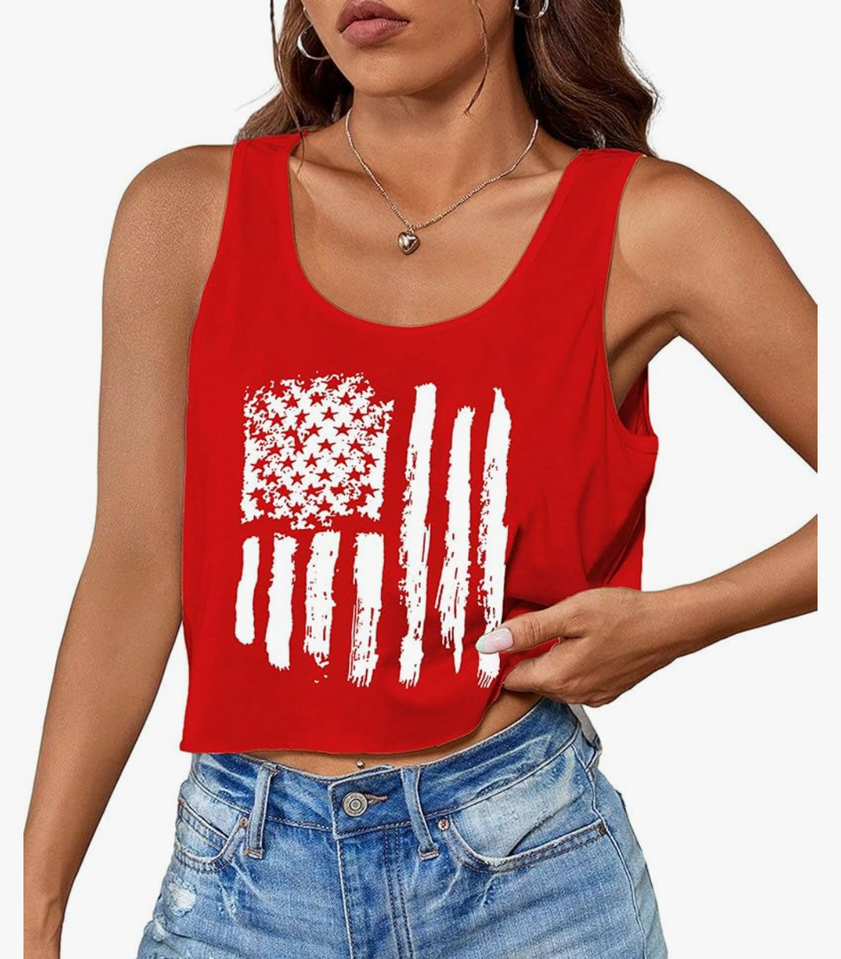 Aluvee USA 4th of July Tank Tops Women Red White and Blue Shirts Tank Tops American Patriotic Flag Crop Sleeveless Tee. size XL