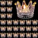 24 Pcs Birthday Clear Crown Votive Candle Holders Glass Crown Tealight Candle Holders Bulk Candlestick Votives for Tables Centerpieces Wedding Party Decoration(Gold Bead Style)