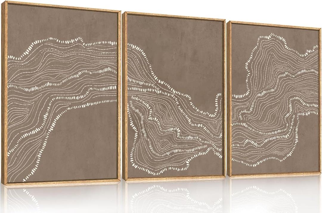 Abstract Line Wave Framed Canvas Wall Art Set, Geometric White Tan Art Painting, Modern Minimalism Wall Decor, Neutral Art Print for Living Room, Bedroom, Dining Room, Office-16 x24 x3