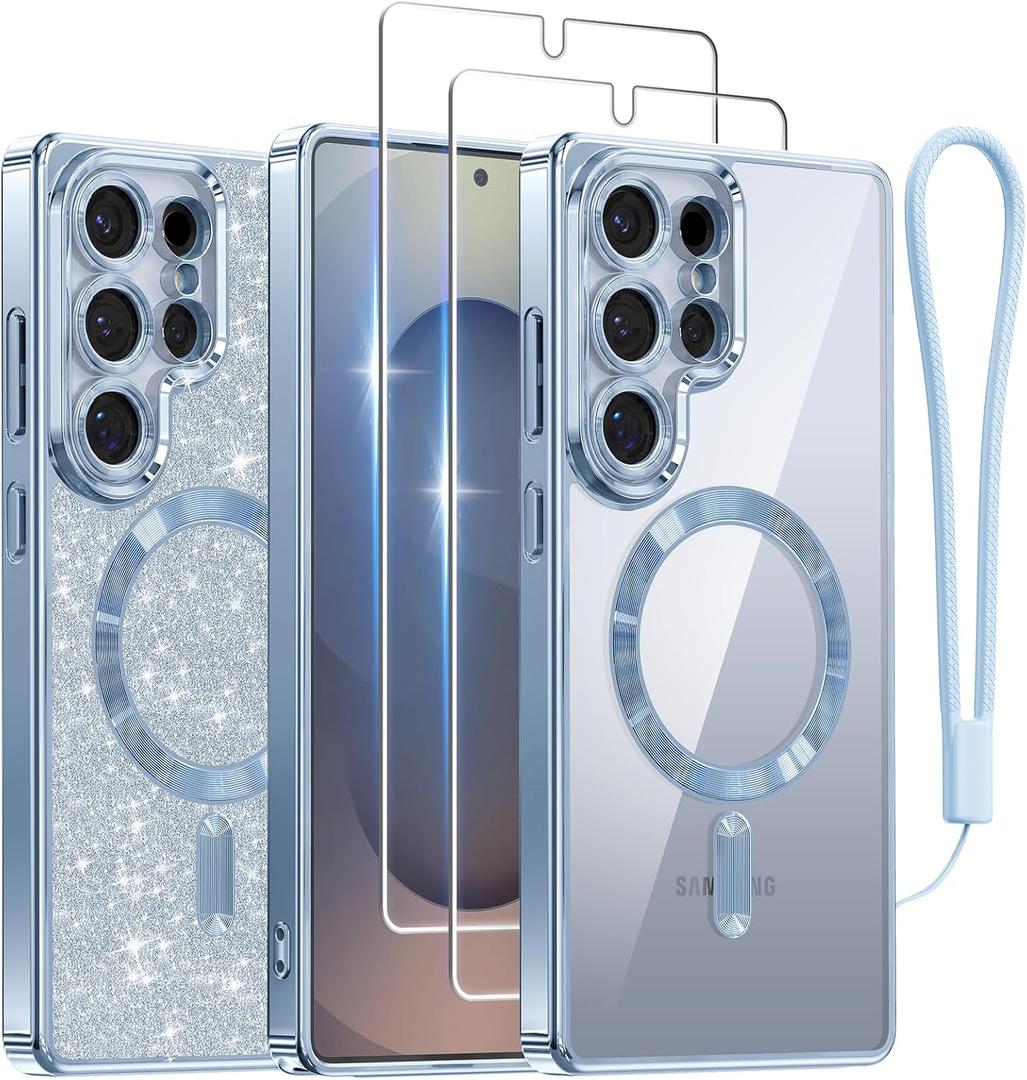 Meifigno Case for Samsung Galaxy S25 Ultra 6.9 inch, [Compatible with MagSafe] [2X HD Screen Protectors] [Glitter Card & Wrist Strap] Full Lens Protection Case for Galaxy S25 Ultra, Silverblue