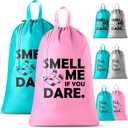 Extra Large Travel Laundry Bag - 2-Pack Fun Print Design Bags for Dirty Clothes - Durable Water-Resistant Fabric - Sturdy Drawstring Closure (Pink-Teal | Smell Me If You Dare)