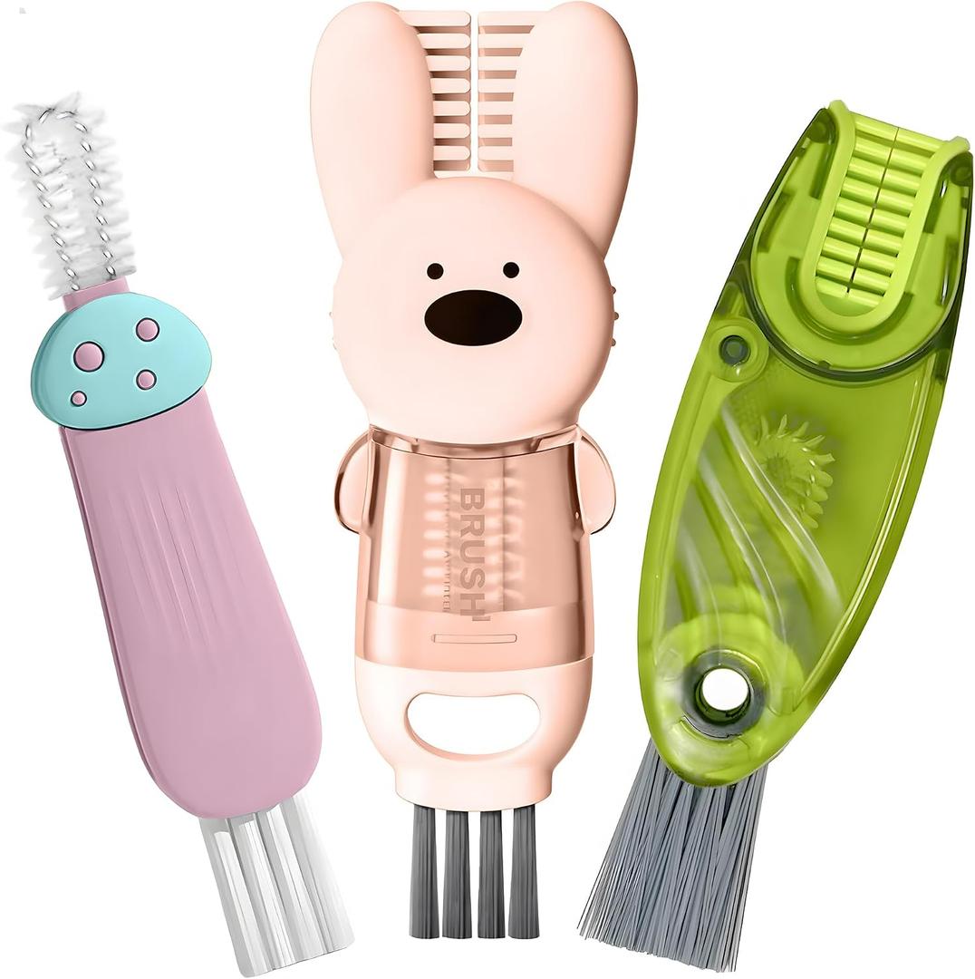 4 x Cup Lid Cleaning Brush, Multifunctional Set with 3 in 1 Lid Cleaner and Two 4 in 1 Cup Lid Cleaning Brushes, Cleaning Brush Tool for Bottles, Straws, Tumblers, Travel Mug Caps, Portable Kit (Pink)