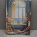 Framed Blue Sea Coast Ocean Flower Prints Bathroom Bathtub Scene Picture Wall Decor Gift Coastal Window Floral Canvas Wall Art Painting Poster Artwork (16"x24")