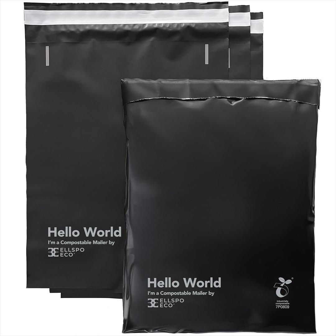 Eco Mailers by Ellspo Eco | 10x13 inch Certified Compostable Poly Shipping Bags, Pack of 50, Modern Matte Black Color, Sustainable Packaging Supplies