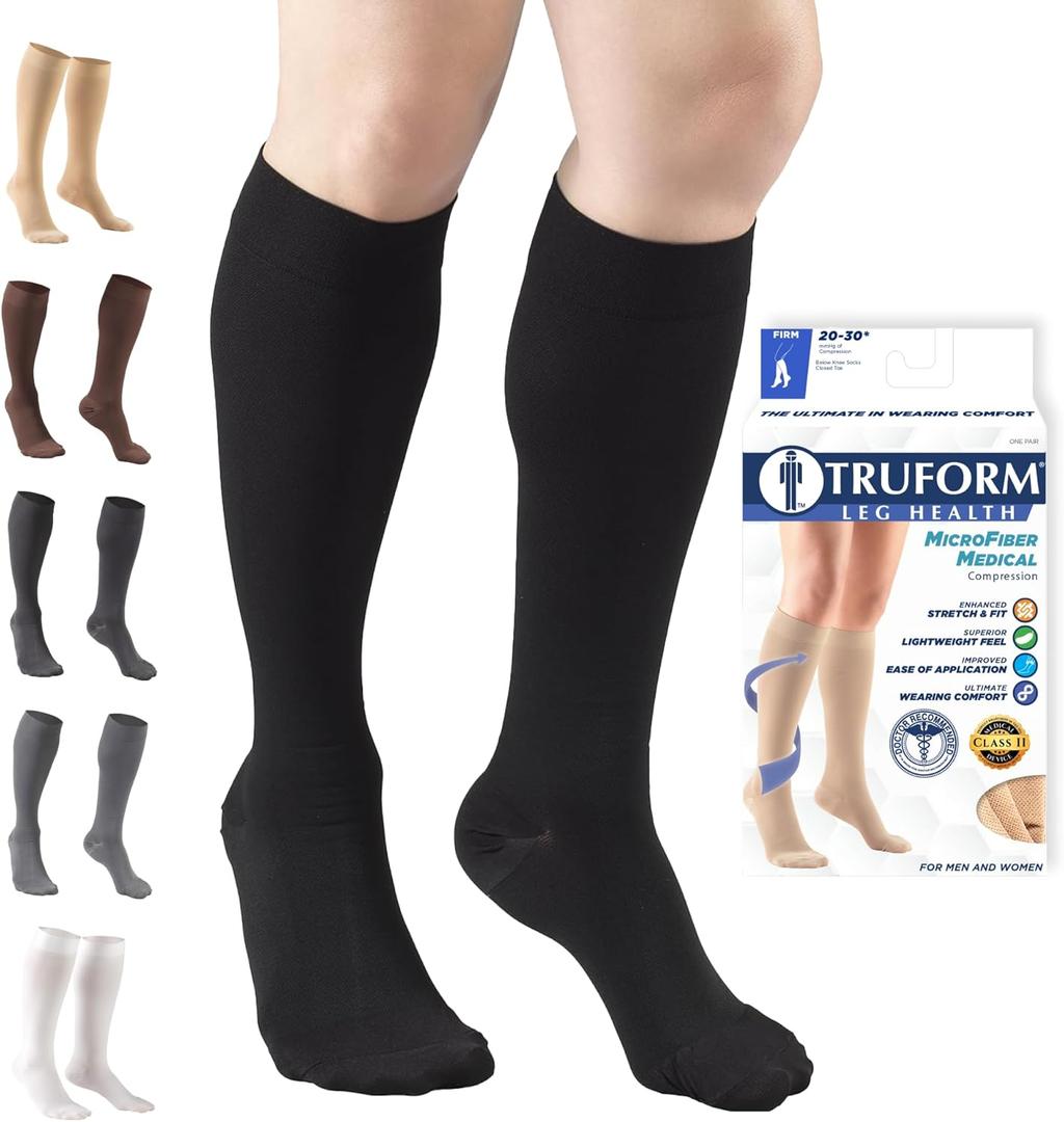 Truform 20-30 mmHg Compression Stockings for Men and Women Knee High Length Closed Toe, Black, Large (Large (1 Pair))