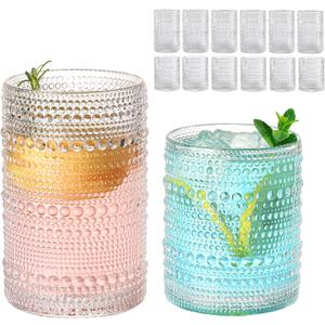 ZMOWIPDL Vintage Glassware Drinking Glasses Set of 12,Clear 12oz & 15oz Hobnail Glass Cups,Embossed Water Tumbler,for Beer,Cocktail,Whiskey,Juice and Various Mixed Drinks 1 Cleaning Brush