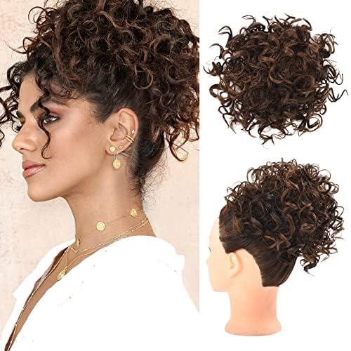 HOOJIH Curly Hair Bun, Messy Bun Hair Piece Elastic Drawstring Loose Wave Messy Large Full Bun Extension Hairpiece Short Synthetic Ponytail Extension for Women - Dark Brown with Light Auburn