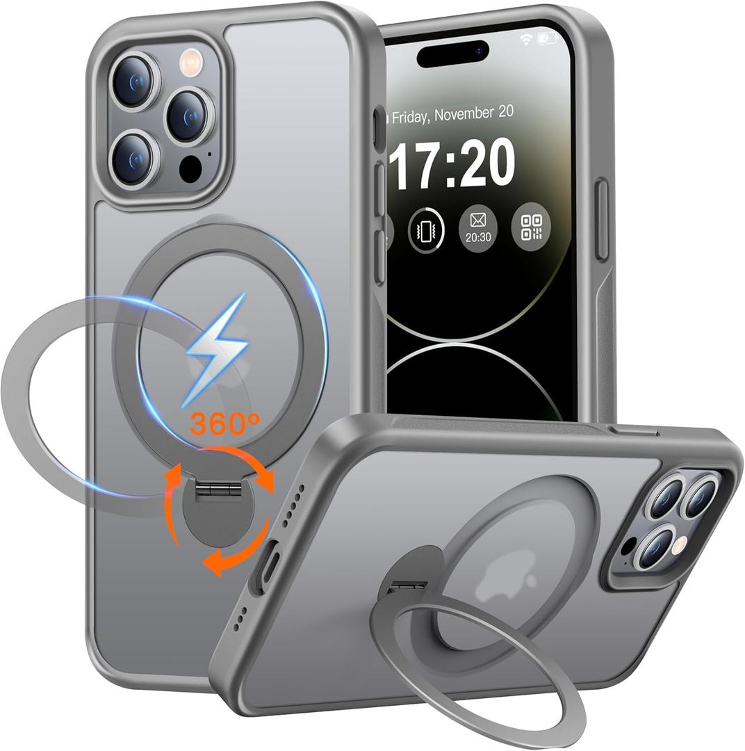 360 Rotatable Magnetic Stand for iPhone 14 pro max Case Compatible with Mag-Safe 16FT Military Drop Protection, Anti-Scratch/Fingerprint Shockproof iPhone 14 pro max Phone Case(Matte-Grey)