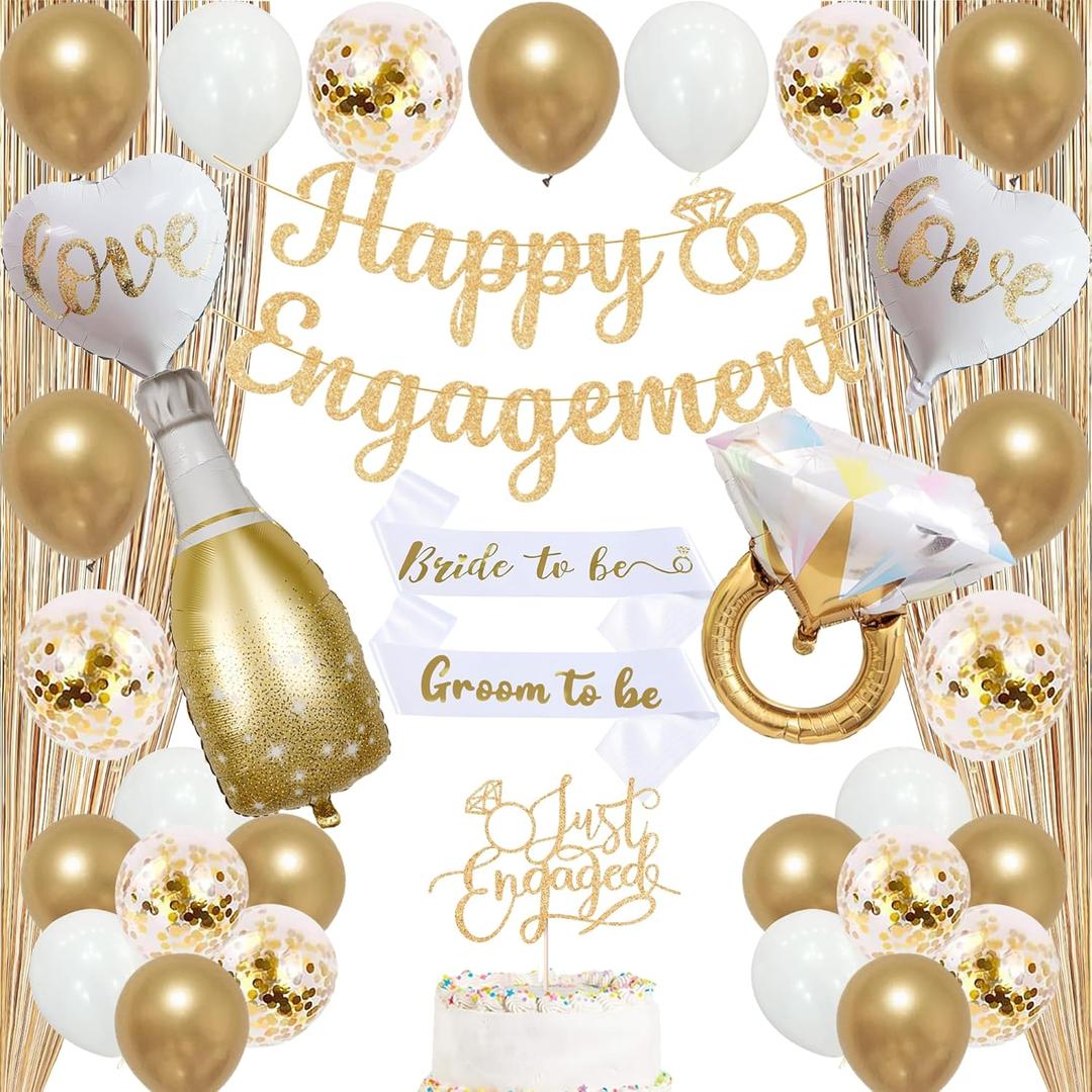 Trgowaul Champagne Gold Engagement Party Decorations, Happy Engagement Banner Backdrop, Bride&Groom Sash for Bridal Shower, Ring Foil Balloon, Just Engaged Cake Topper Wedding Shower Decor