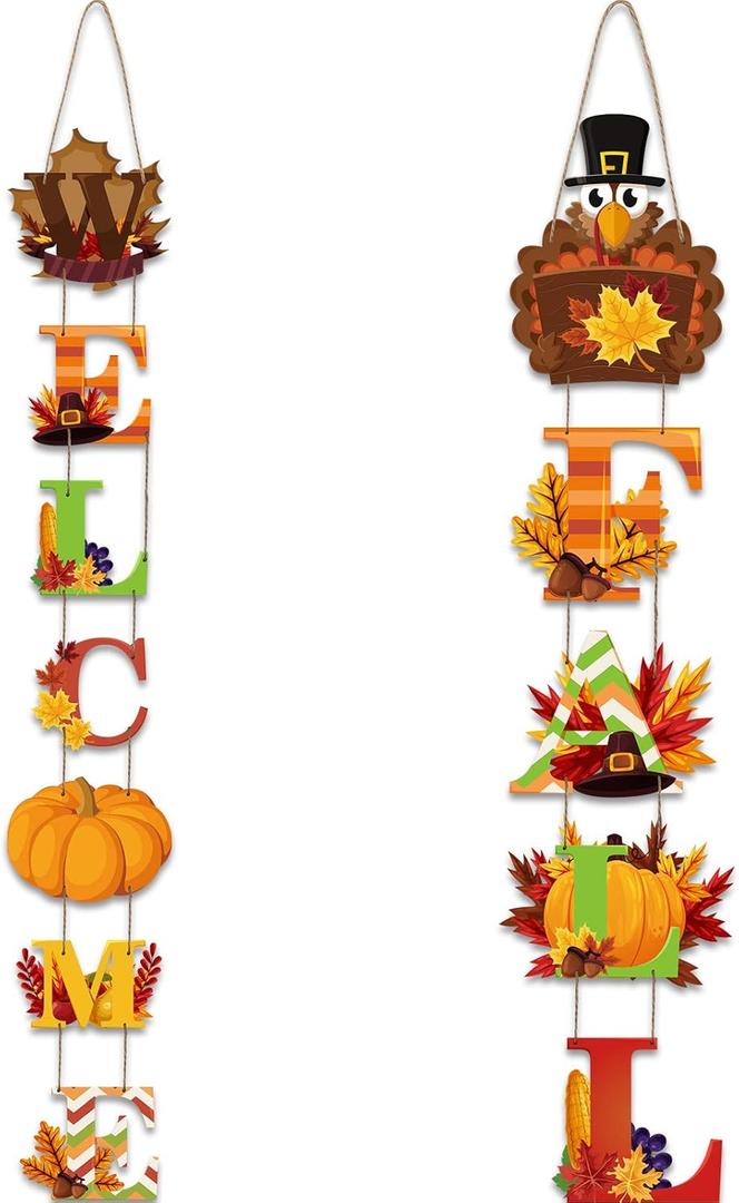 Sumind Thanksgiving Welcome Hanging Sign Autumn Harvest Hanging Sign Door Decor for Thanksgiving Autumn Party Decorations(2 Pieces)