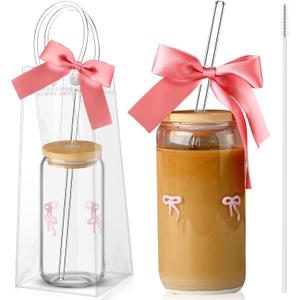 Coquette Bow Aesthetic Glass Cup with Clear Gift Bag Lids and Straws 16 oz Pink Bow Glass Cups Cute Tumbler for Iced Coffee Smoothie Beer Tea Bestfriend Sister Girlfriend Women Girls Gift