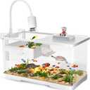 (Tank + Light + Filter + Filter Balls) Turtle Tank Kit, Turtle Tank Starter Kit,Bottom Drainage, Multi-Function Areas for Turtles, Crabs,Fishes, Amphibians,Reptiles. (15.75 x 8.64 x 8.64 Inch) (WhiteM+ Light + Filter + Filter Balls)