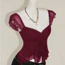 BEAUDRM Women's Y2k Ruffle Tank Tops Ruched Sheer Mesh Sweetheart Neck Sleeveless Crop Tops Night Out Outfit Burgundy X-Small
