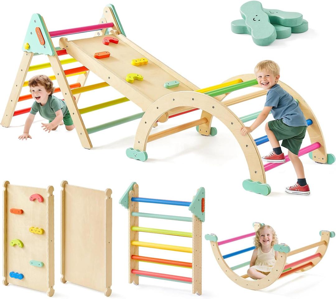 Tiny Land Pikler Triangle Set,7-in-1 Foldable Montessori Toddler Climbing Toys Indoor, Wooden Playground Jungle Gym for Kids, Climber Gift for Boys & Girls Toddler Climbing Toys (Rainbow), Small