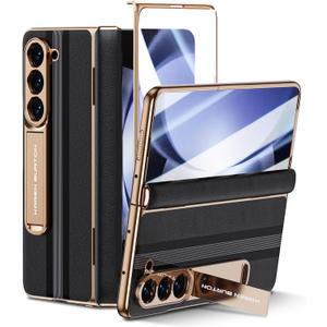 for Samsung Galaxy Z Fold 5 Phone Case [Luxury Premier Genuine Leather] [Full Body Hinge Protection] [Built-in Screen Protector] [Kickstand Slim Protective Cover] for Galaxy ZFold 5 (Black)