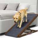 PATHOSIO Dog Ramp for Bed Portable and Folding Dog Ramp for Couch, for All Breeds Real Wooden Ramp for Dogs to Get on Bed, Adjustable Large Ramp (Walnut Wood - Grey Carpet, Large)