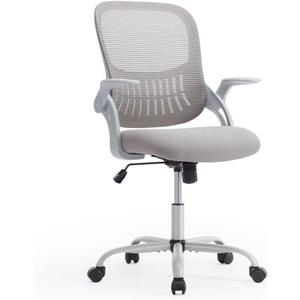 Ergonomic Computer Mesh Swivel Task Chair with Wheels and Comfortable Lumbar Support for Home Office, Study, Bedroom, Adults, Students, Flip Handrail, Gray