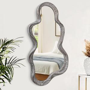 Asymmetrical Mirror Large Irregular Wall Mirror Modern Wood Frame Unique Artistic Mirrors Cute and Stylish Cloud Wavy Mirror Decorative for Cloakroom Bedroom Living Room Bathroom Entryway White, 47"L x 22"W, Dark Tan