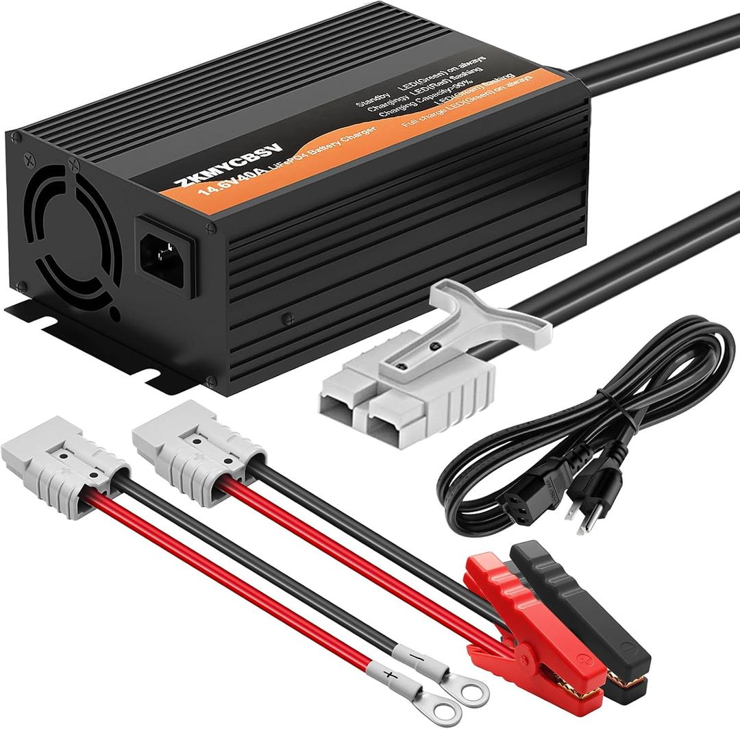 14.6V 40A LifePO4 Battery Charger, 12V 40A Lithium Battery Charger for 12.8V LiFePO4 Lithium Deep Cycle Rechargeable Battery, Multi Safety Protections, Fast Charging, 12 Volt Charger for RV Boat Car