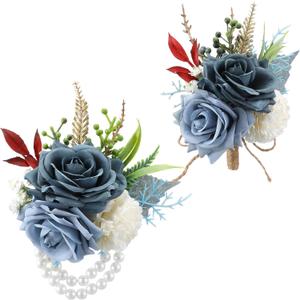 Canlierr 2 Pcs Dusty Corsage and Boutonniere Set Men Boutonnieres Corsage Bracelets Wristlet Band Wedding Flowers Accessories for Men Prom Suit Decorations(Blue)