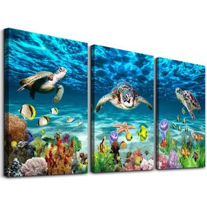 AHUASJART Canvas Wall Art for Living Room Large Size Wall decor for Bedroom Modern Bathroom Wall Decoration blue Ocean Painting Sea Turtle Pictures Ready to Hang Office Artwork 20" x 28" 3 Piece