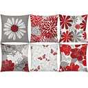 COMMINY Red Grey Pillow Covers 18x18 Set of 6 Decorative Burgundy Daisy Throw Pillow Cover for Couch Modern Farmhouse Cushion Pillow Case for Living Room Patio Home Decor