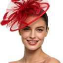 SAFERIN Women's Fascinators Feathers Tea Party Hat Veil Headband with Hair Clip for Cocktail Church (Red)